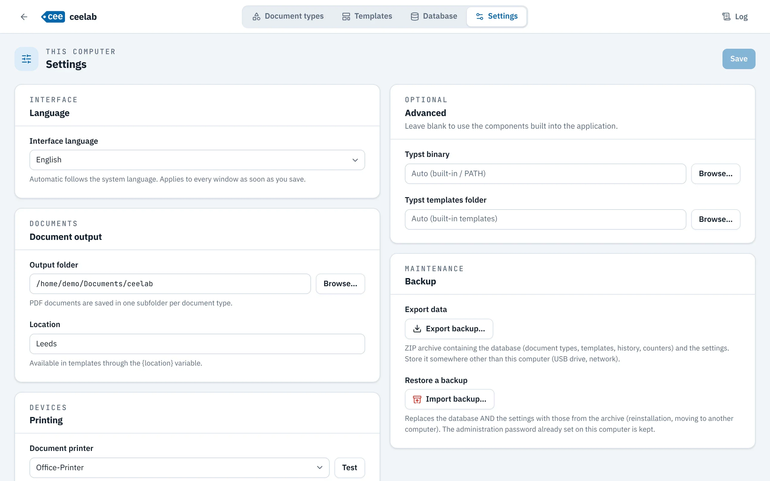 Settings screen: interface language, output folder, location, printers and backup.