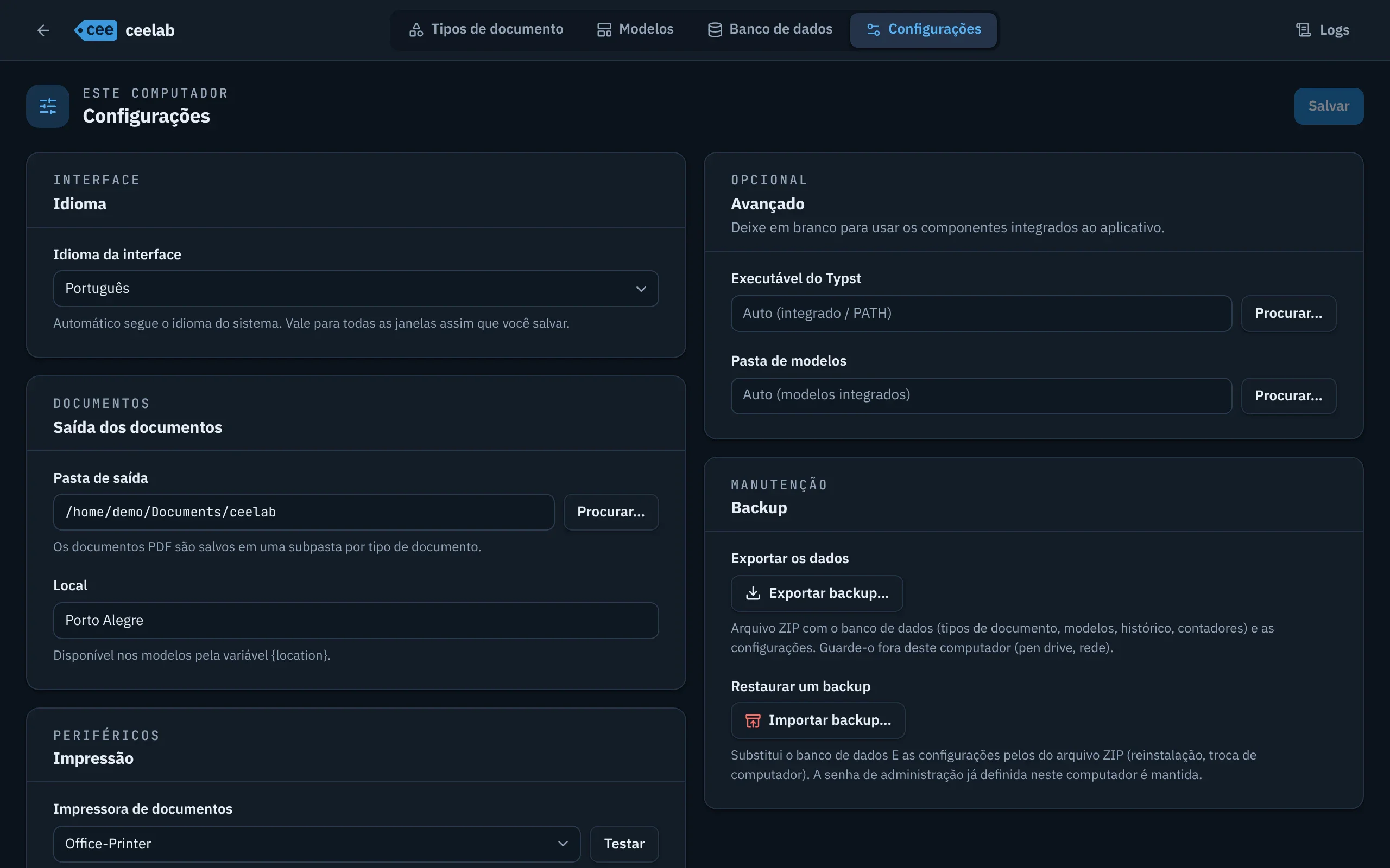 Tela Configurações: idioma da interface, pasta de saída, local, impressoras e backup.