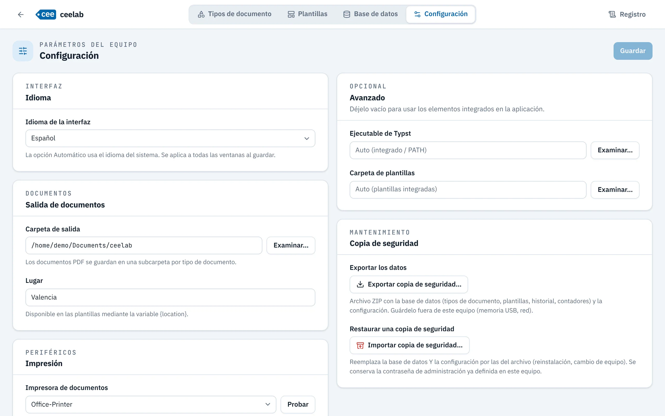 Pantalla Configuración: idioma de la interfaz, carpeta de salida, lugar, impresoras y copia de seguridad.
