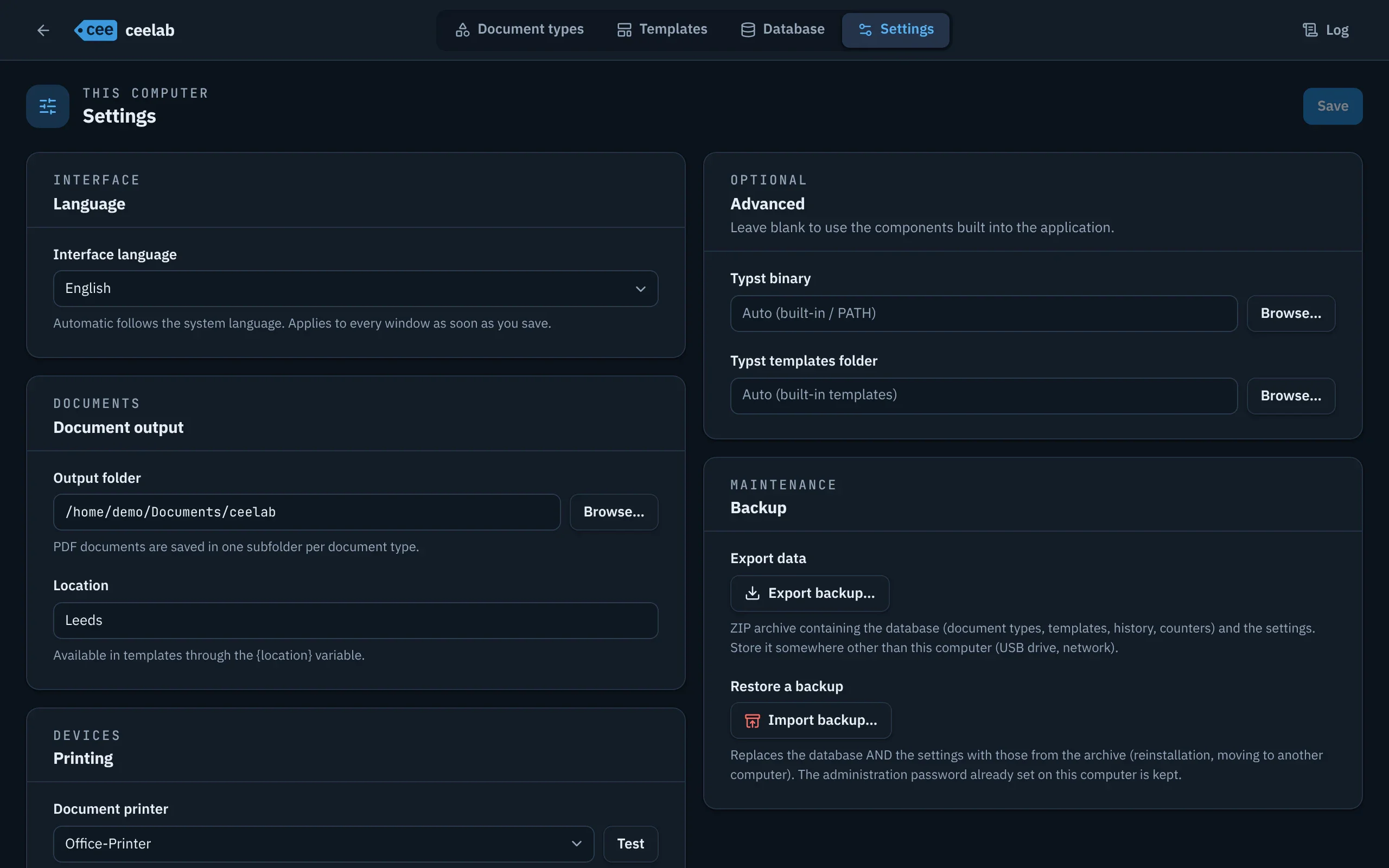 Settings screen: interface language, output folder, location, printers and backup.