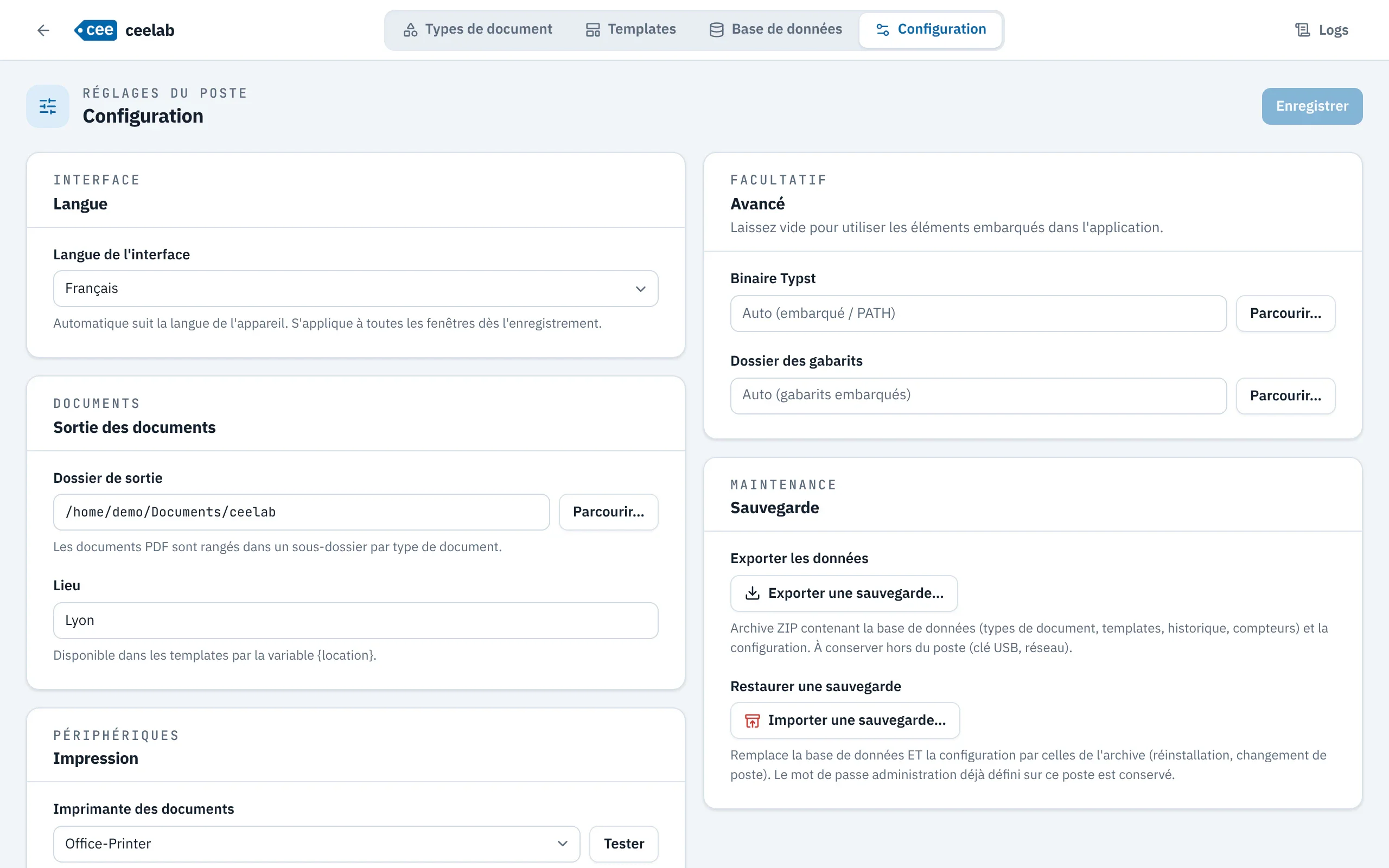 Écran Configuration : langue de l'interface, dossier de sortie, lieu, imprimantes et sauvegarde.