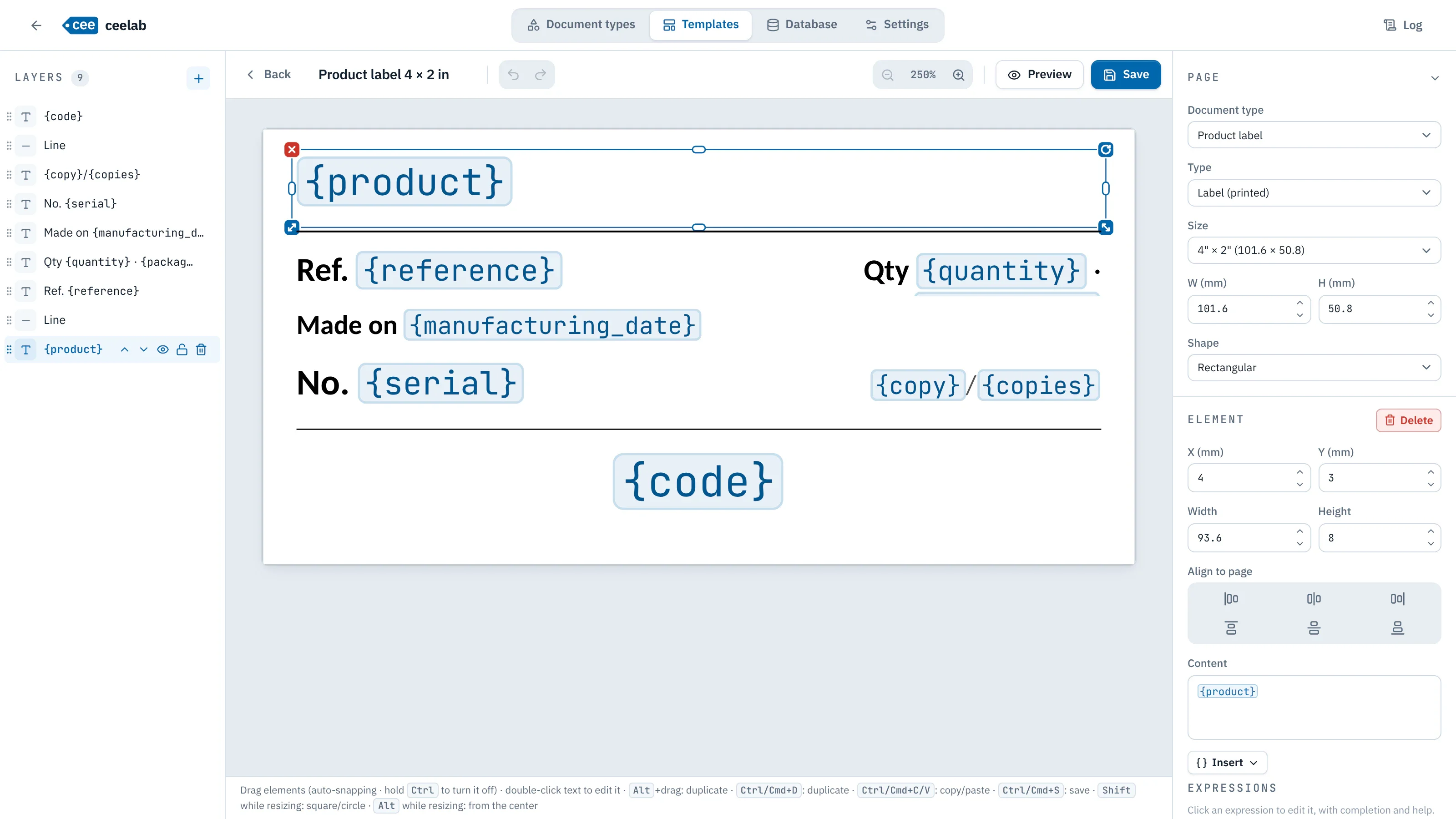 Template editor: layer list, 4 × 2 in product label with its variables, properties of the selected element.