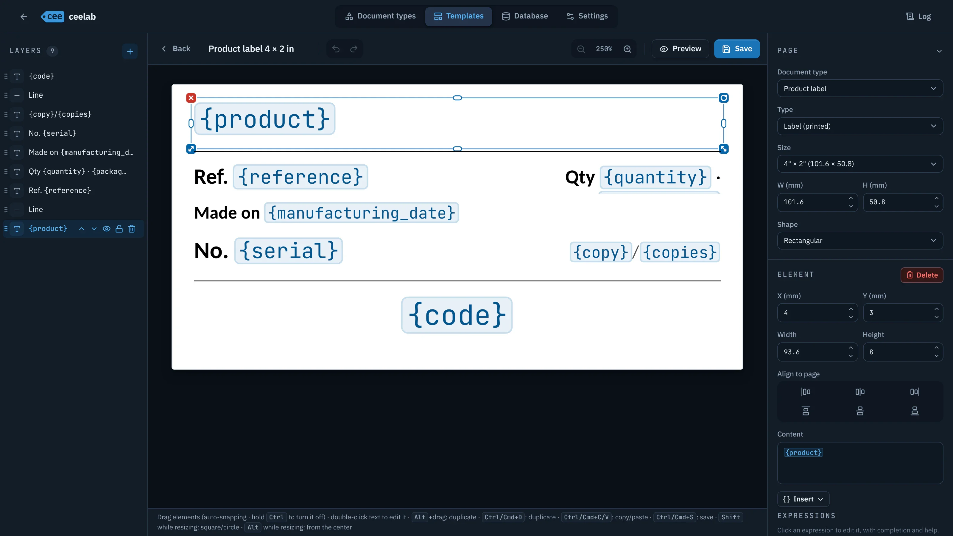 Template editor: layer list, 4 × 2 in product label with its variables, properties of the selected element.