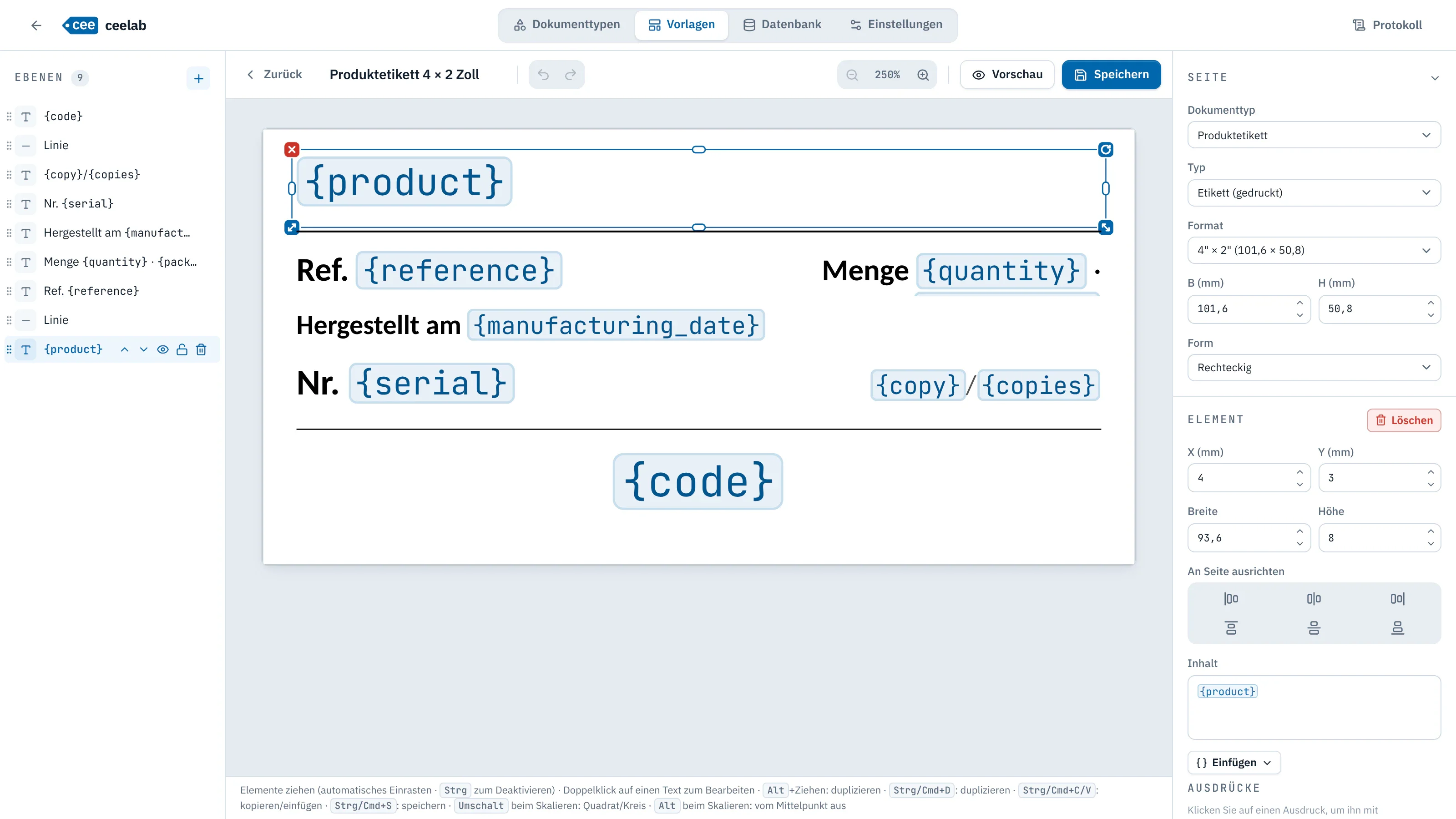 Vorlagen-Editor: Ebenenliste, Produktetikett 4 × 2 Zoll mit seinen Variablen, Eigenschaften des ausgewählten Elements.