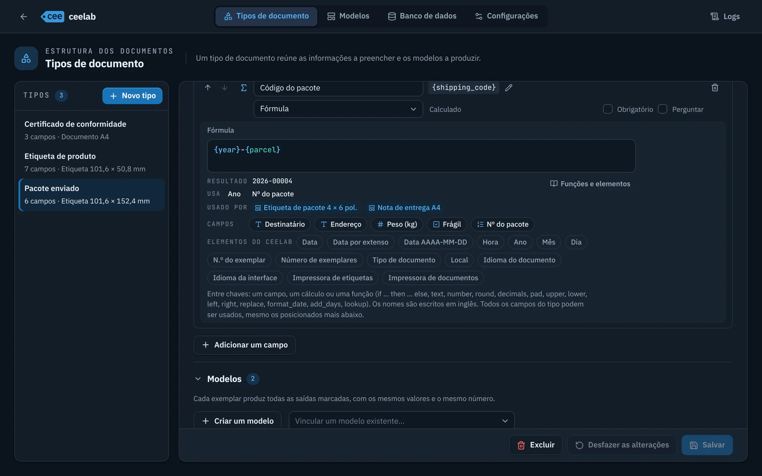 Campo Fórmula {year}-{parcel}: resultado com os valores de exemplo, campos usados, modelos que o usam e elementos disponíveis.