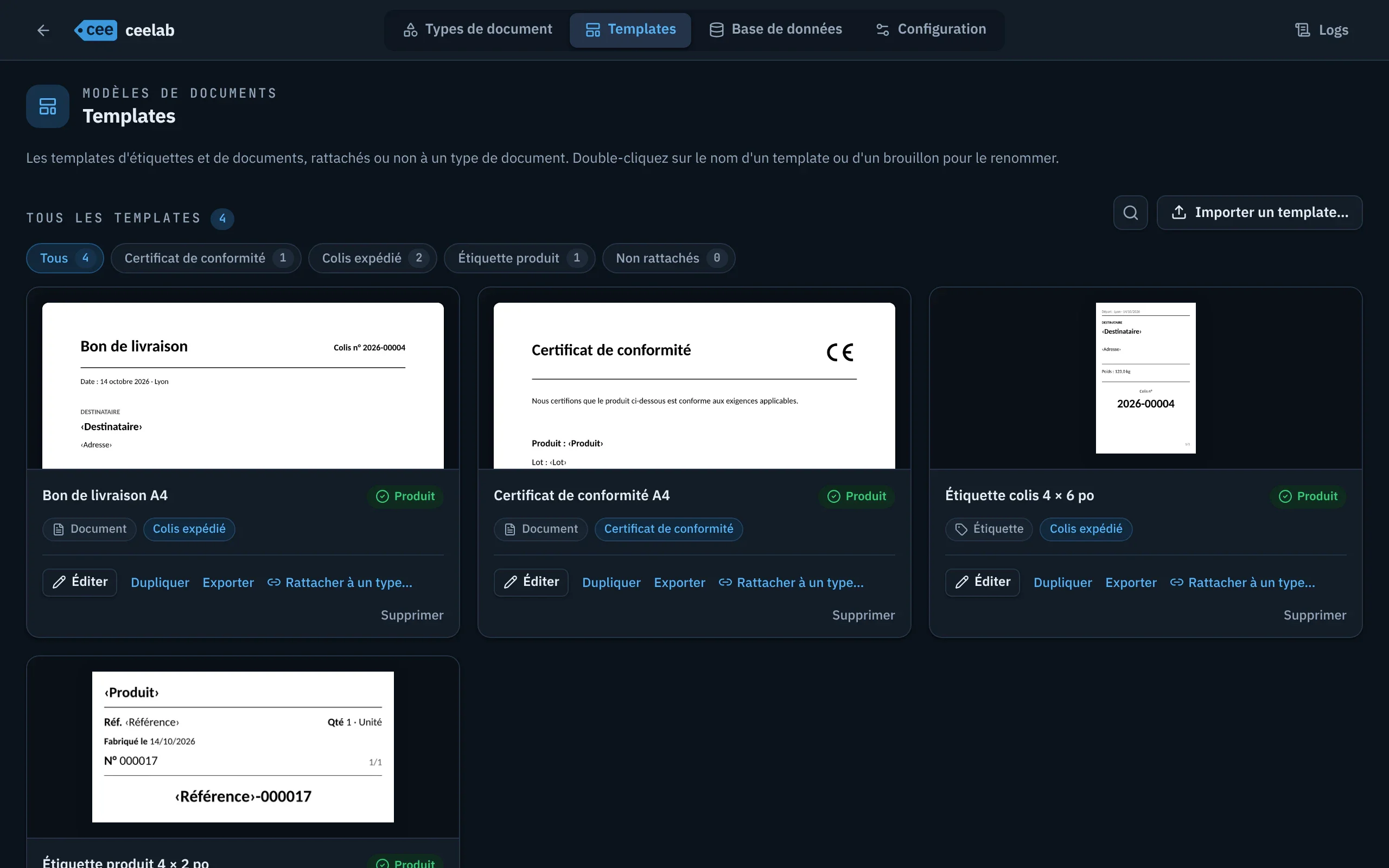 Galerie des templates, filtrable par type de document, avec un aperçu de chaque template.