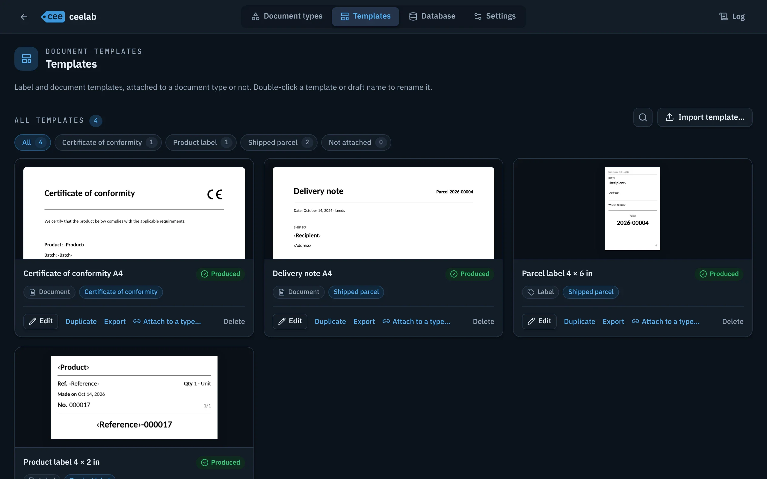 Template gallery, filterable by document type, with a preview of each template.