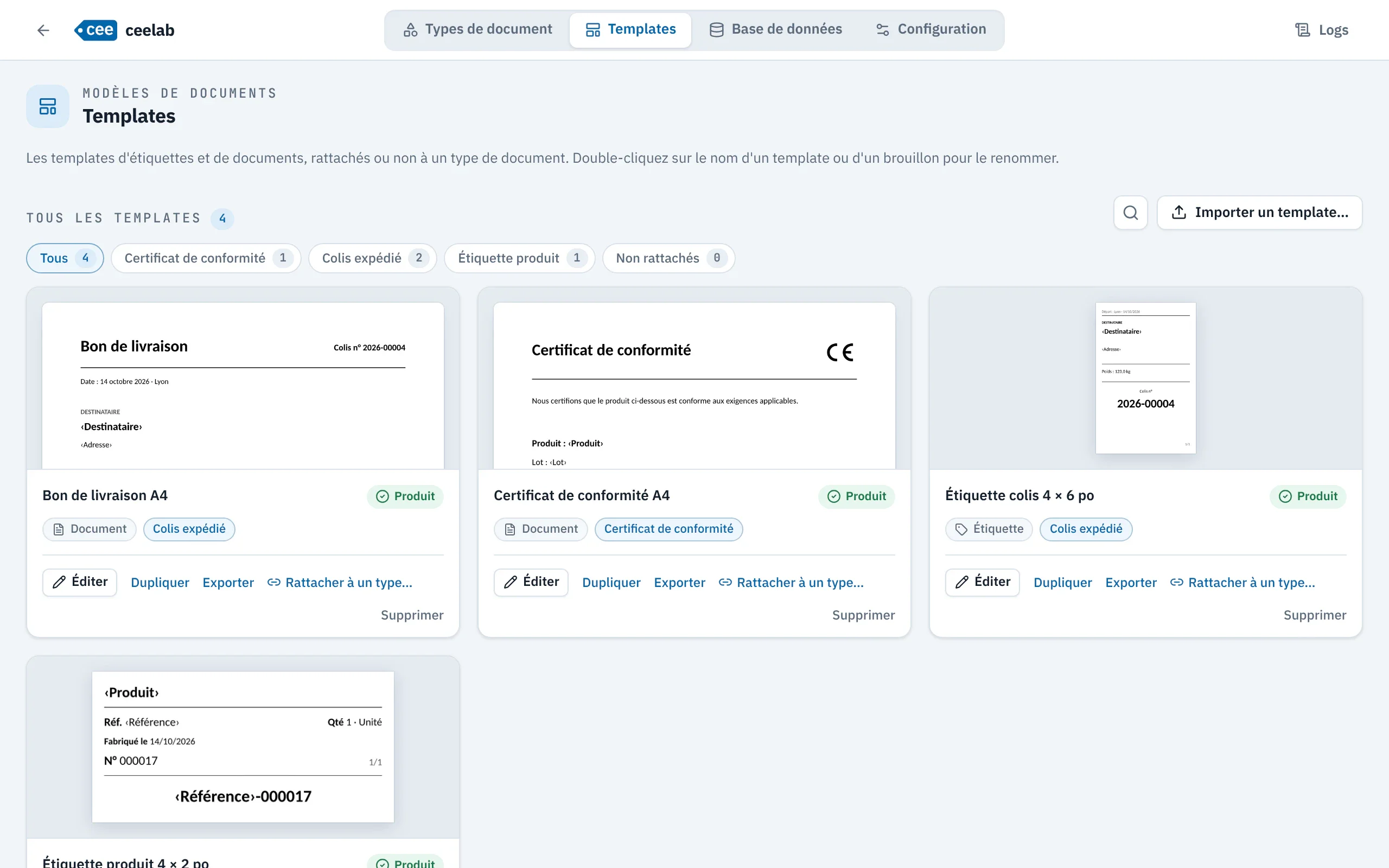 Galerie des templates, filtrable par type de document, avec un aperçu de chaque template.