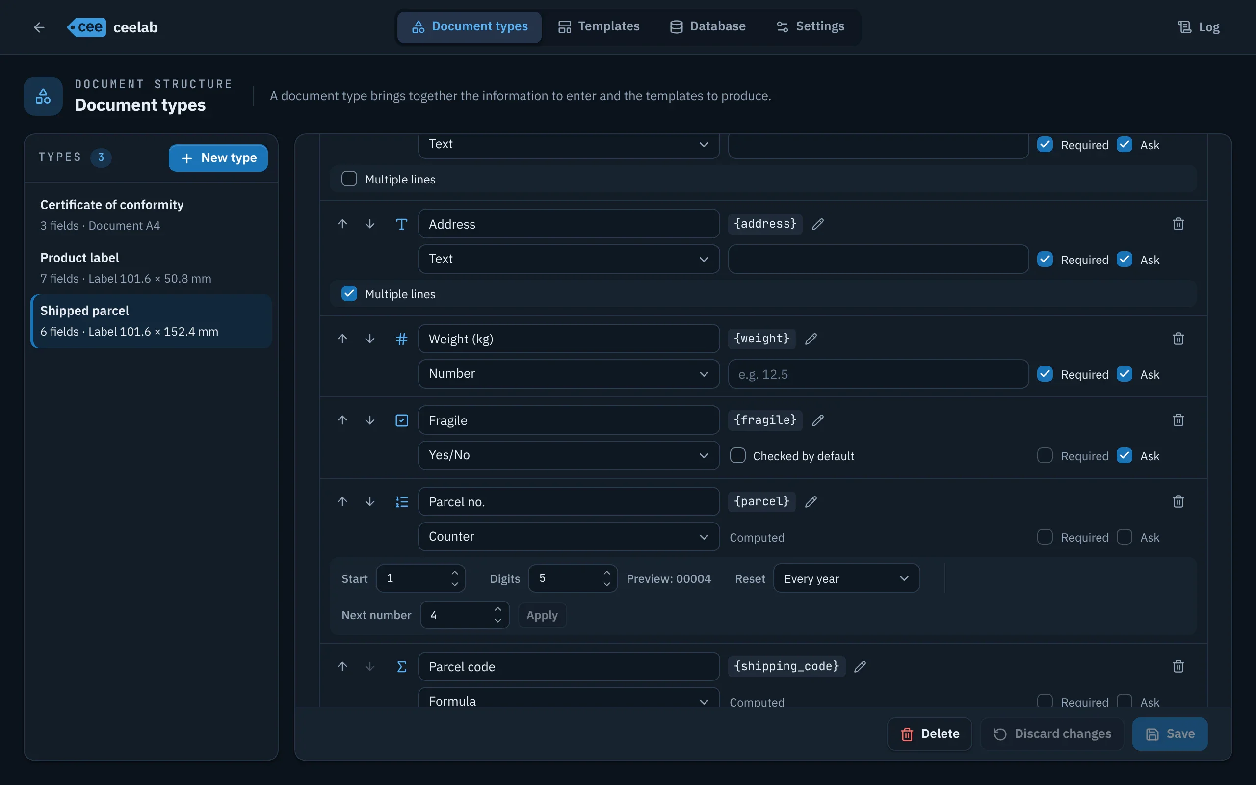 Administration window, Document types tab: the fields of a type, including a Yes/No field, a counter and a formula.