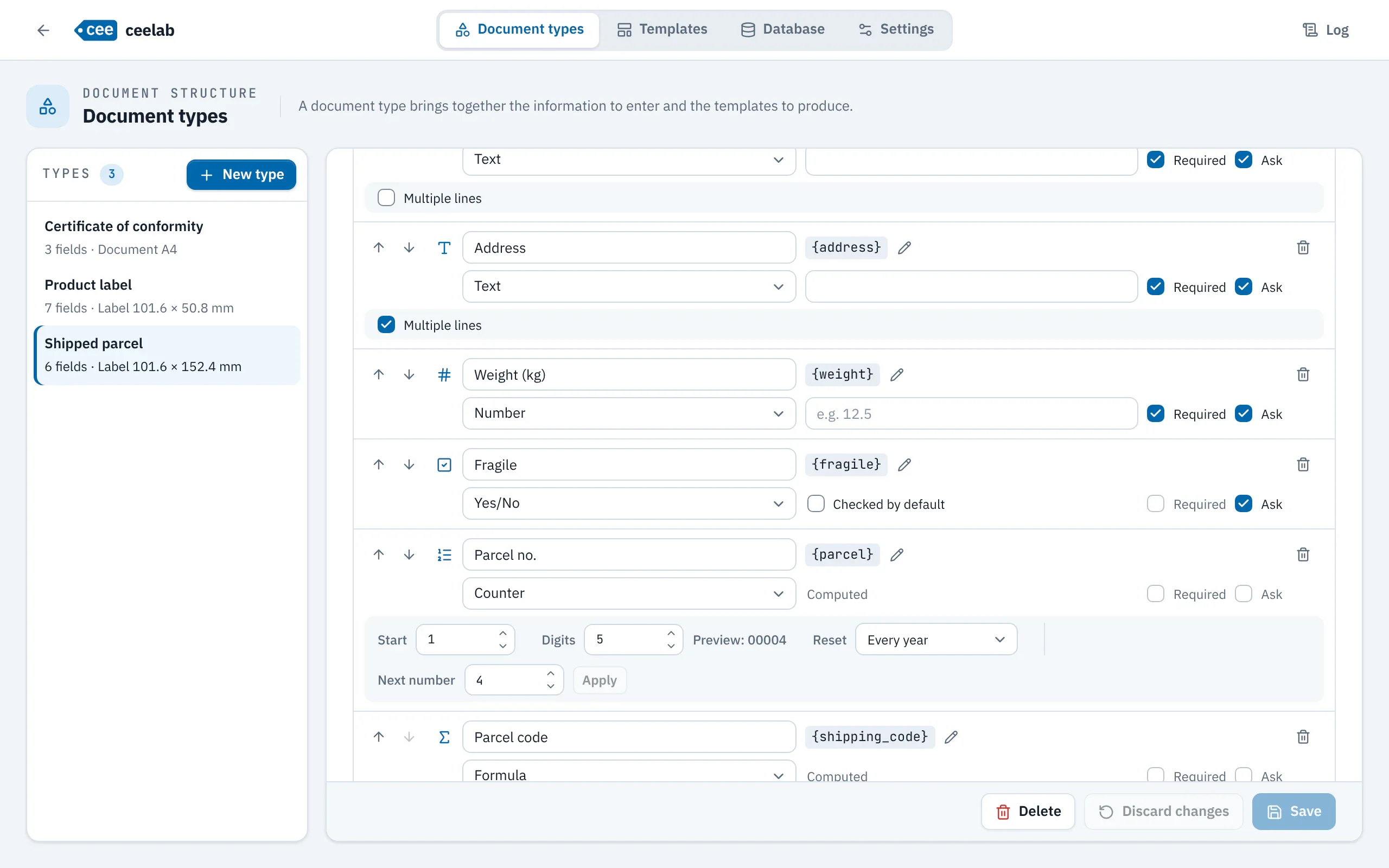 Administration window, Document types tab: the fields of a type, including a Yes/No field, a counter and a formula.