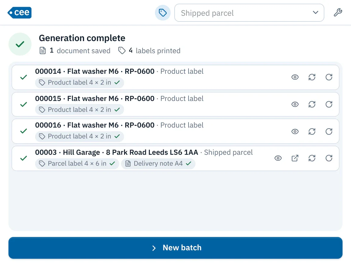 End-of-generation screen: each document listed with the status of its outputs and the Preview, Reprint and Rotate actions.