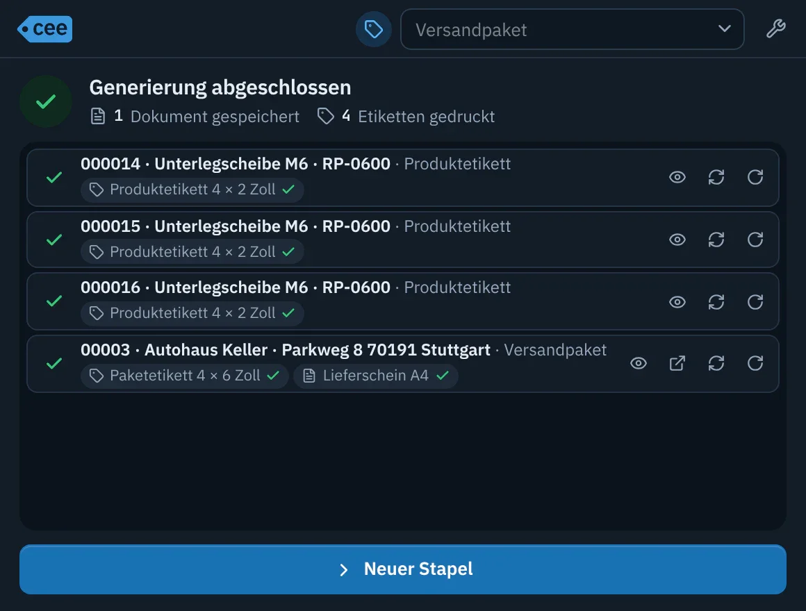 Abschlussbildschirm der Generierung: jedes Dokument mit dem Status seiner Ausgaben und den Aktionen Vorschau, Erneut drucken und Drehen.