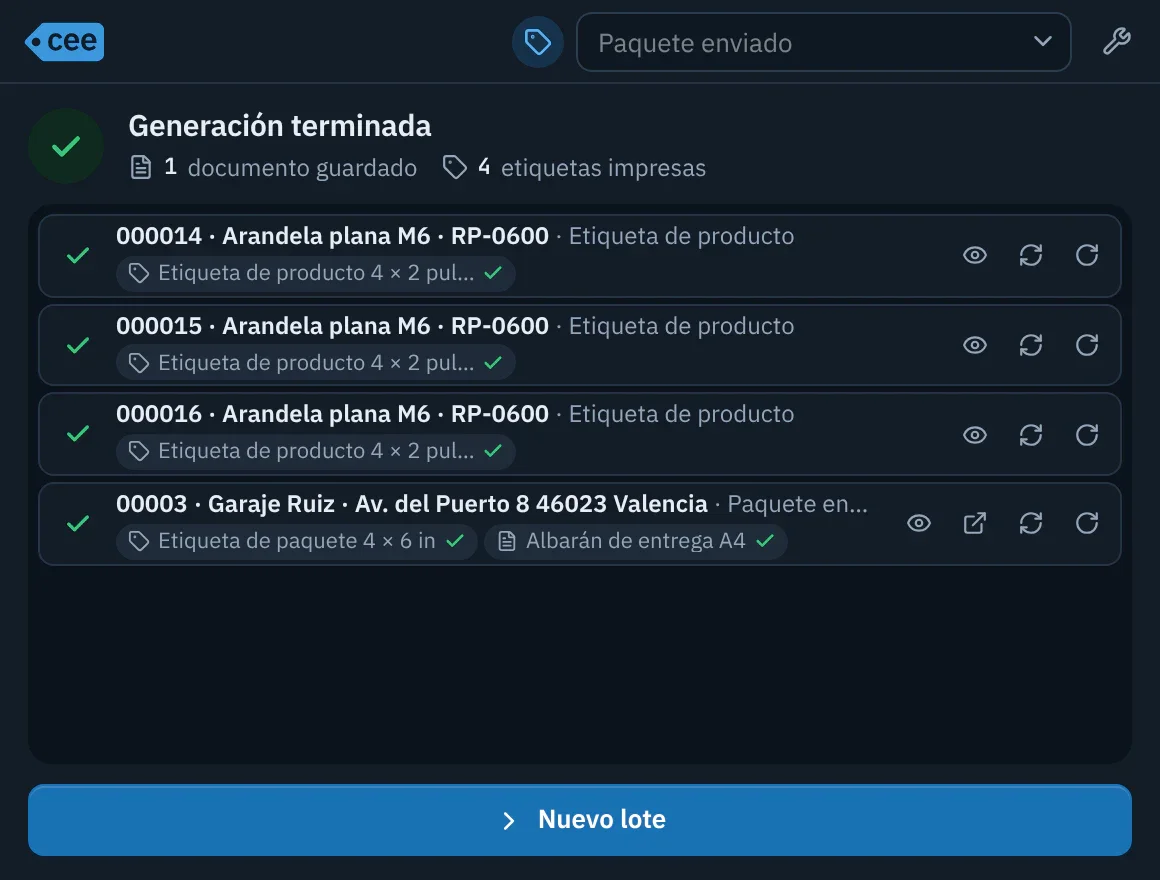 Pantalla de fin de generación: cada documento con el estado de sus salidas y las acciones Vista previa, Reimprimir y Girar.