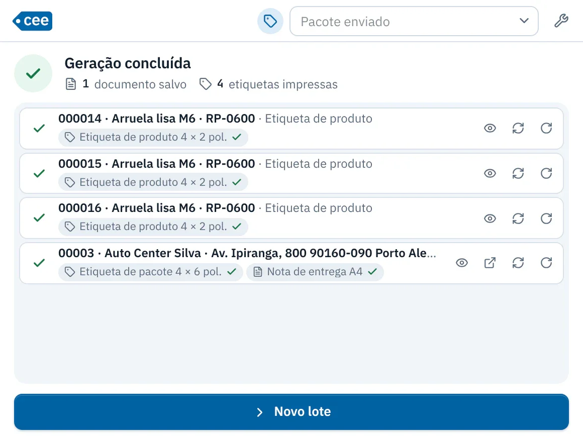 Tela de fim de geração: cada documento listado com o estado de suas saídas e as ações Visualizar, Reimprimir e Girar.