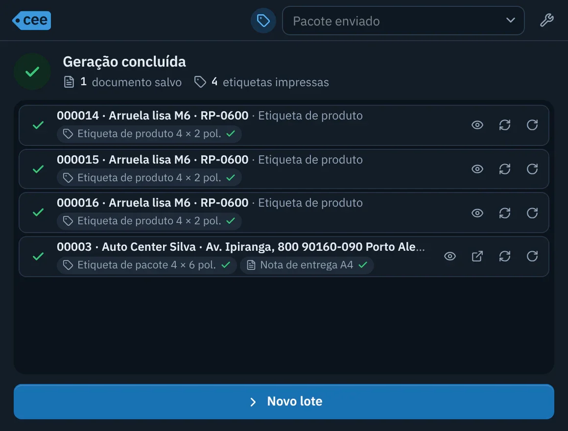Tela de fim de geração: cada documento listado com o estado de suas saídas e as ações Visualizar, Reimprimir e Girar.