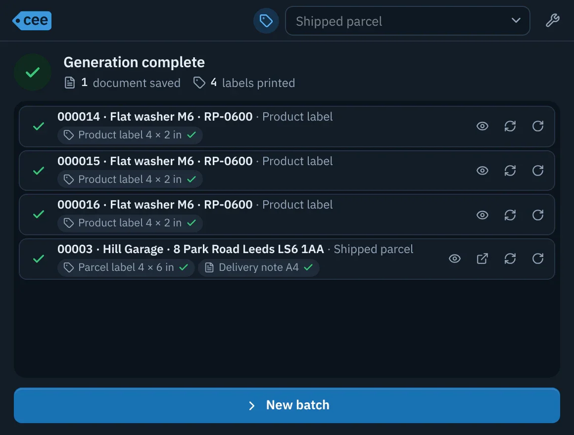 End-of-generation screen: each document listed with the status of its outputs and the Preview, Reprint and Rotate actions.