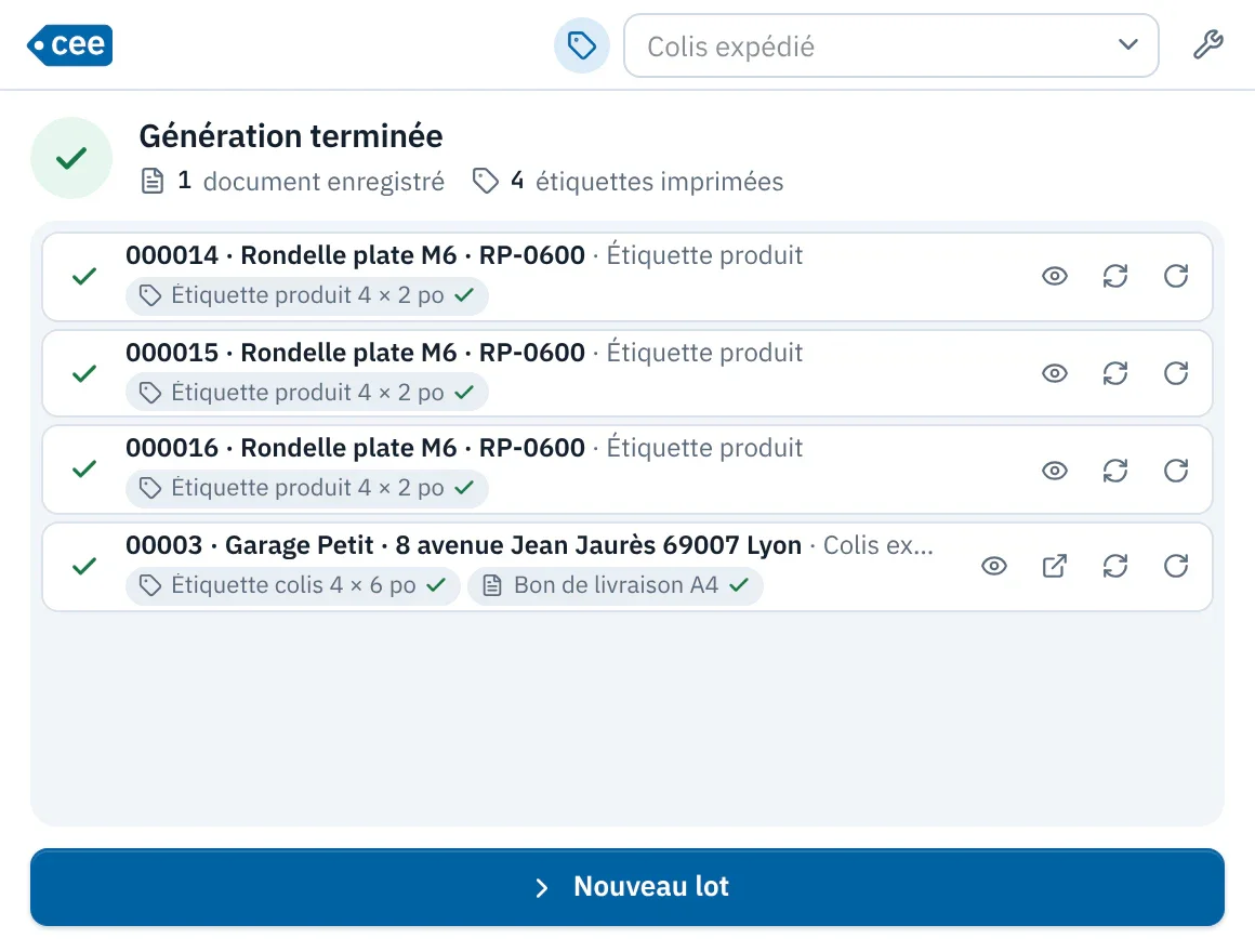 Écran de fin de génération : chaque document listé avec l'état de ses sorties et les actions Aperçu, Réimprimer et Rotation.