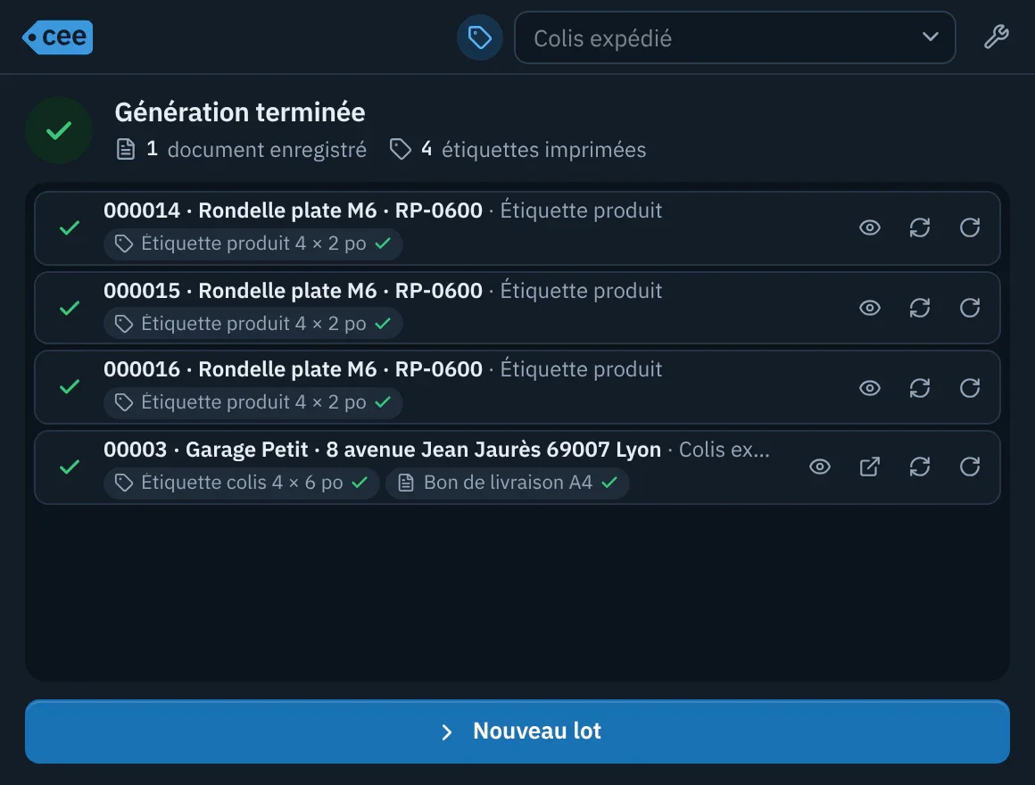 Écran de fin de génération : chaque document listé avec l'état de ses sorties et les actions Aperçu, Réimprimer et Rotation.