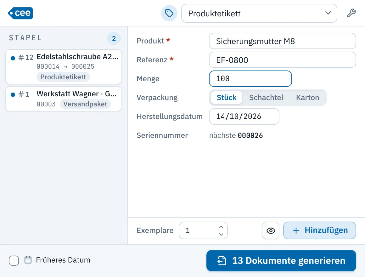 Fenster Generierung von ceelab: links ein Stapel mit zwei Zeilen, rechts das Formular eines Produktetiketts.