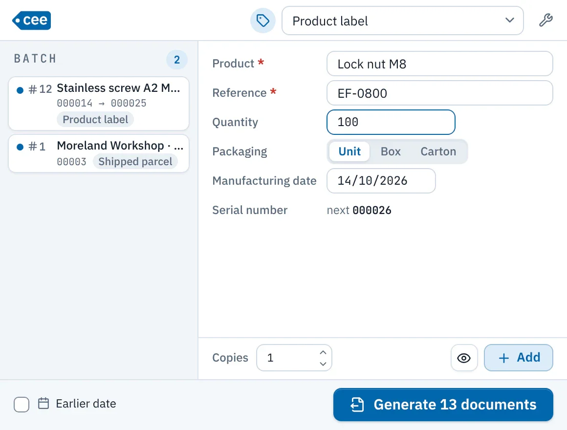 ceelab's Generation window: a two-line batch on the left, the form of a product label on the right.