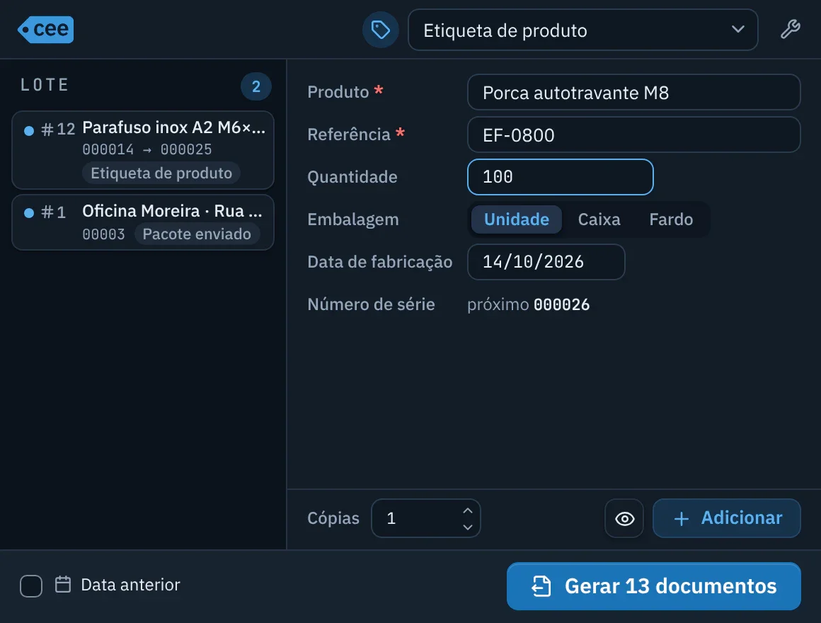 Janela Geração do ceelab: um lote de duas linhas à esquerda e, à direita, o formulário de uma etiqueta de produto.