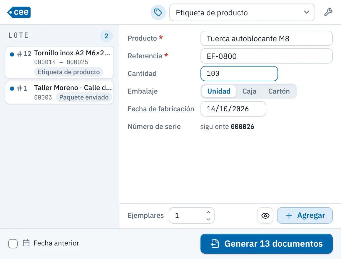 Ventana Generación de ceelab: un lote de dos líneas a la izquierda y, a la derecha, el formulario de una etiqueta de producto.