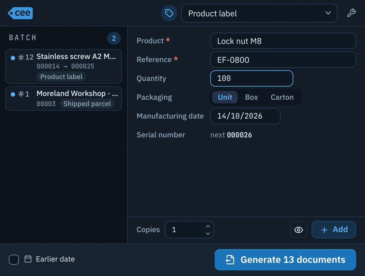 ceelab's Generation window: a two-line batch on the left, the form of a product label on the right.