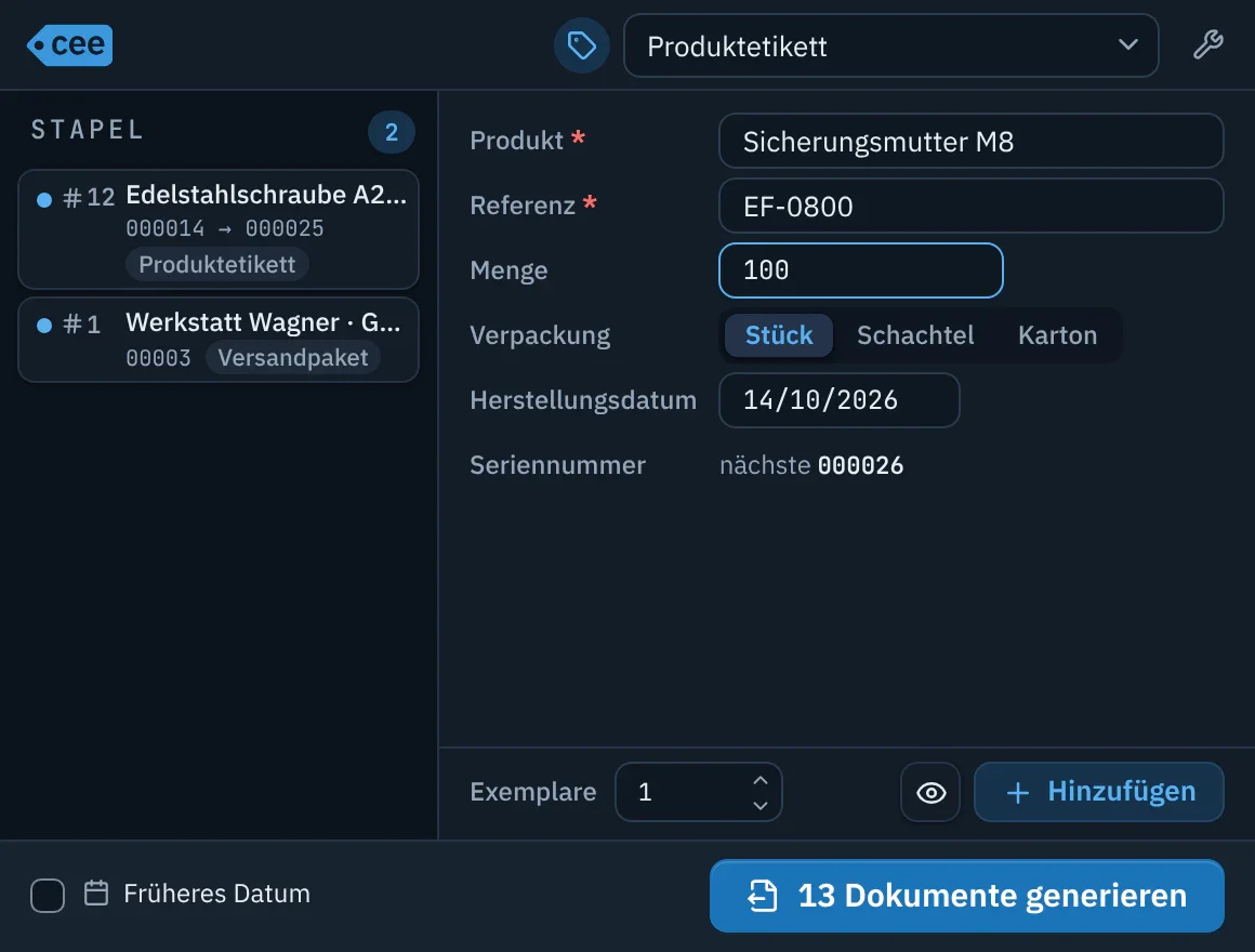 Fenster Generierung von ceelab: links ein Stapel mit zwei Zeilen, rechts das Formular eines Produktetiketts.