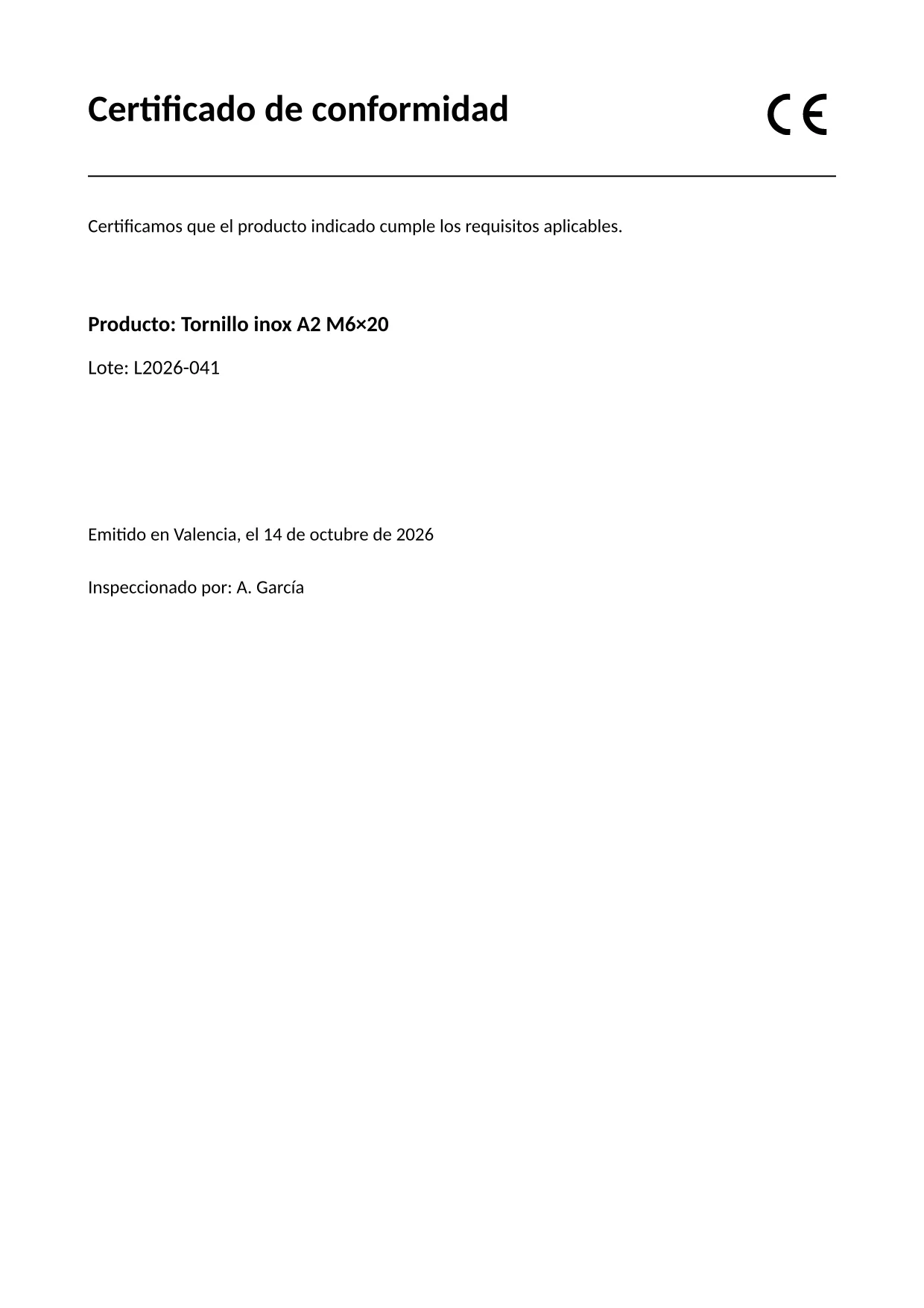Certificado de conformidad A4 con marcado CE, producto y número de lote.