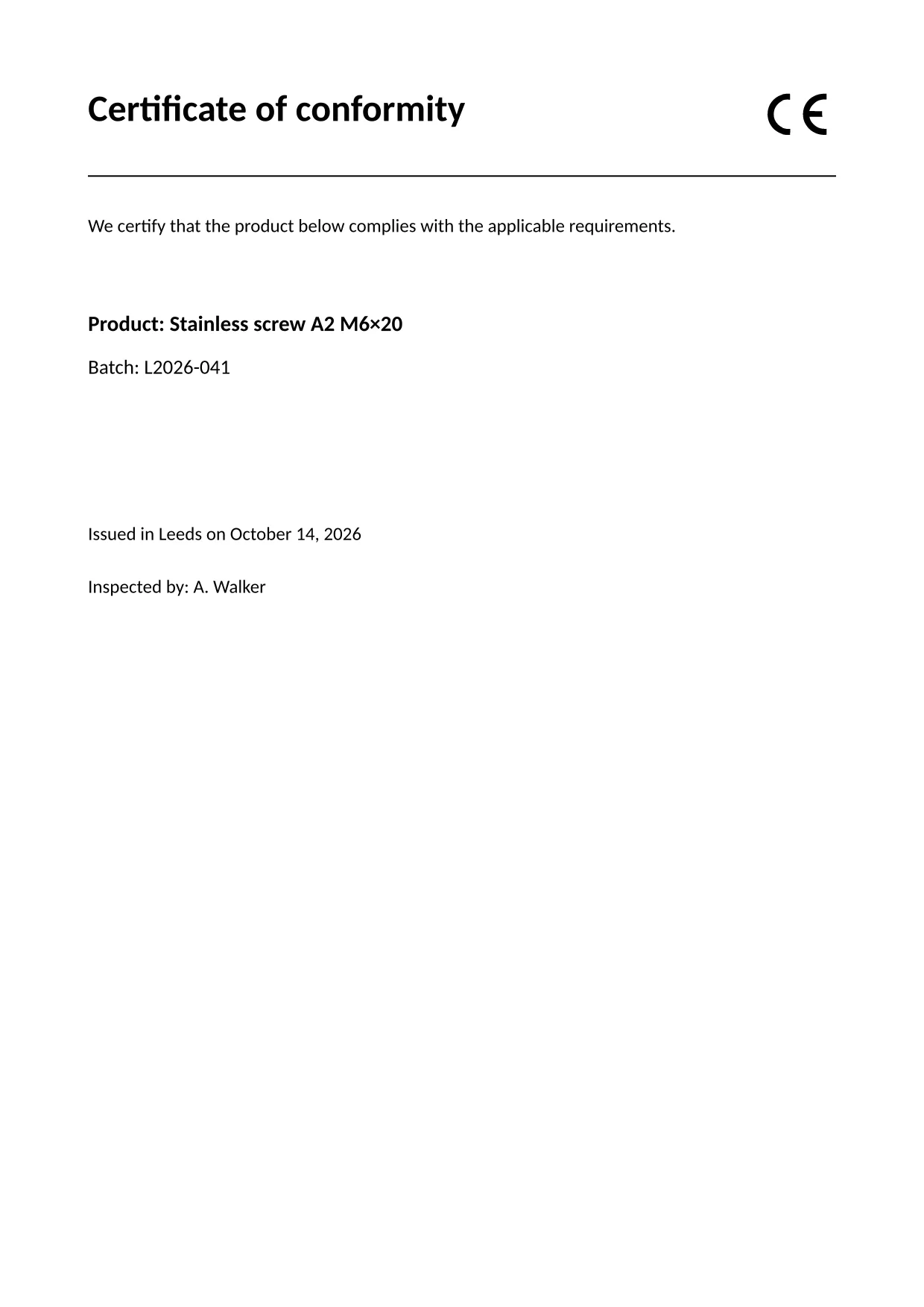A4 certificate of conformity with CE marking, product and batch number.