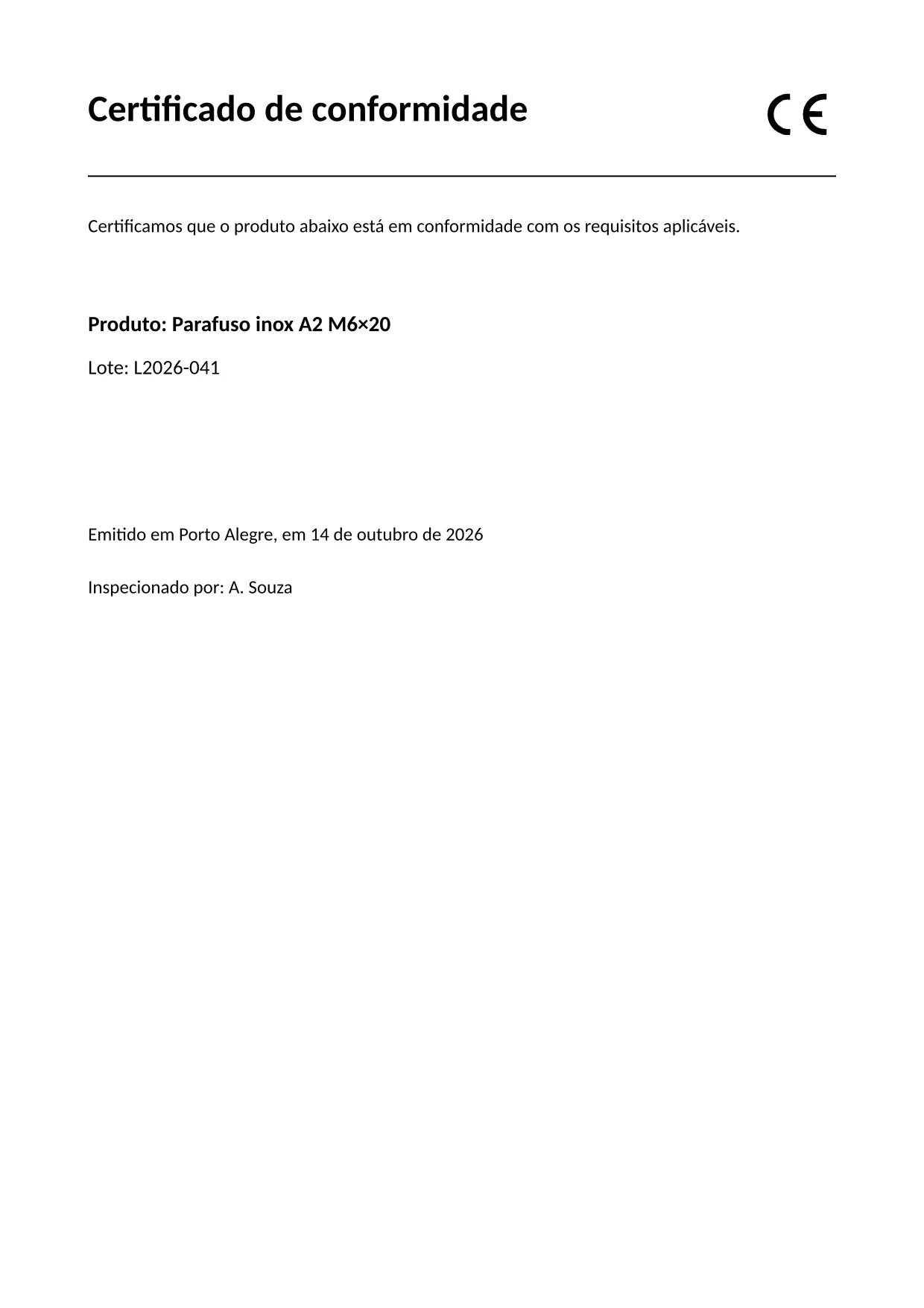 Certificado de conformidade A4 com marcação CE, produto e número de lote.