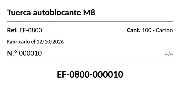 Etiqueta de producto de 4 × 2 pulg. impresa por ceelab, con su número de serie y su código de trazabilidad.