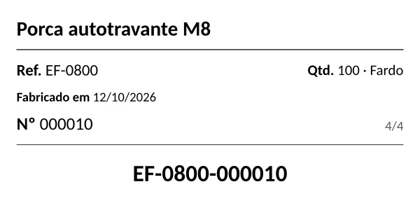 Etiqueta de produto 4 × 2 pol. impressa pelo ceelab, com seu número de série e seu código de rastreabilidade.