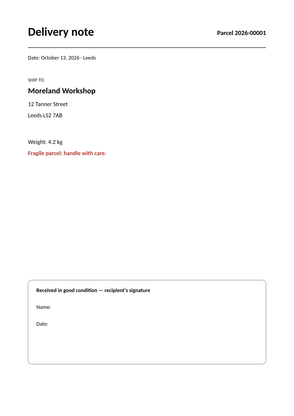 A4 delivery note with the same parcel number and a box for the recipient's signature.