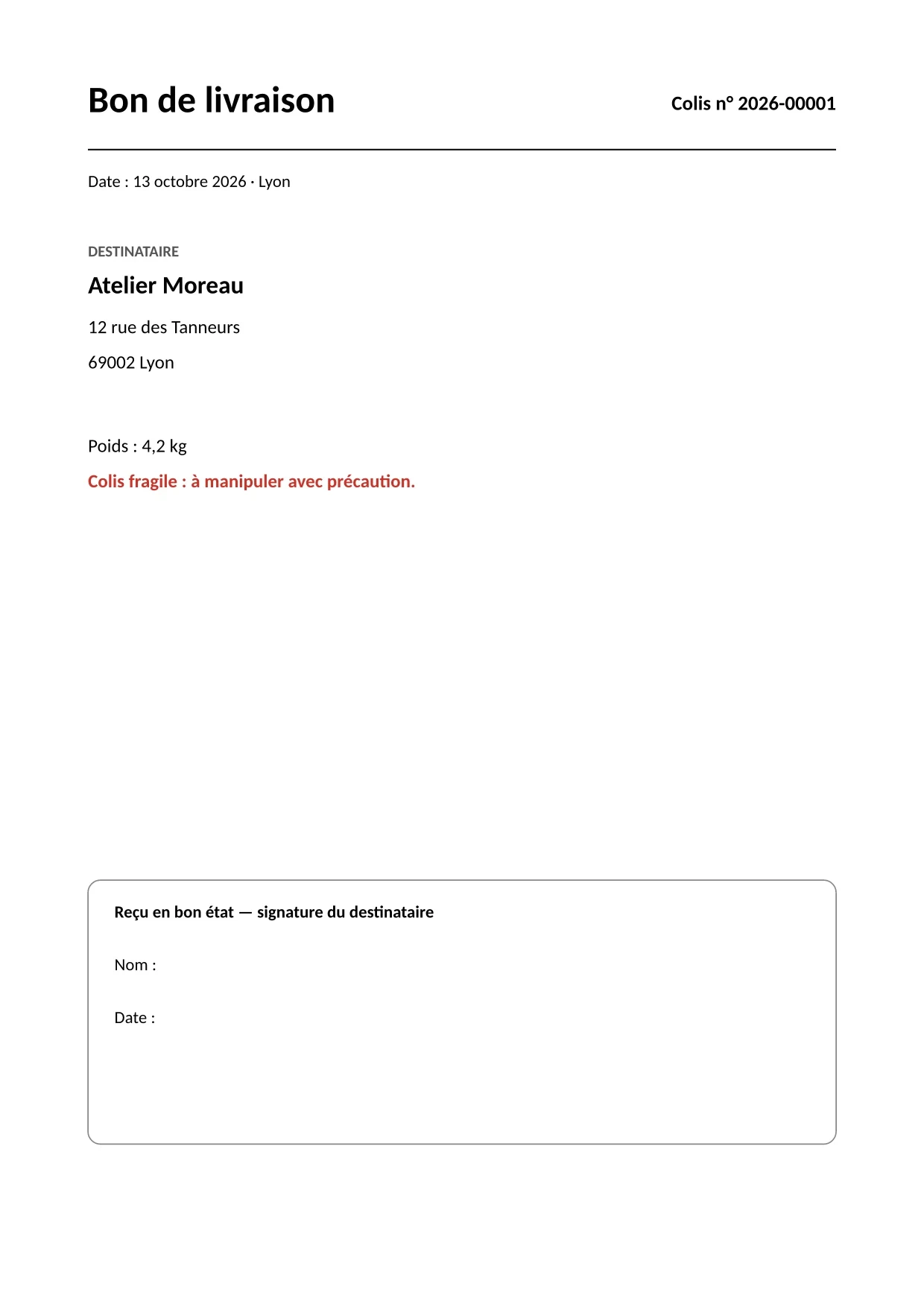 Bon de livraison A4 avec le même numéro de colis et un cadre pour la signature du destinataire.