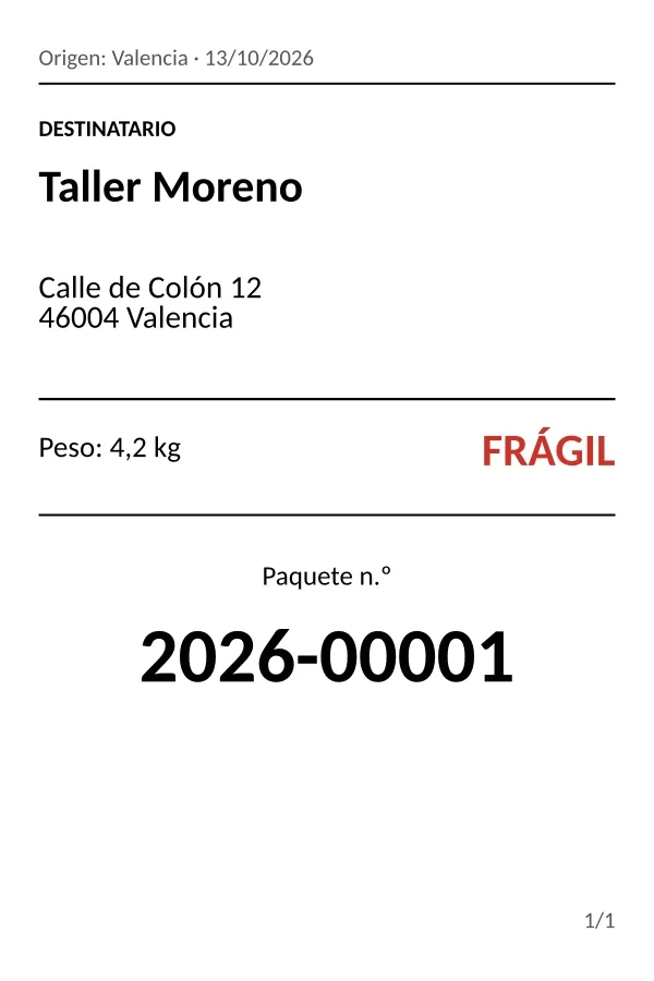 Etiqueta de paquete de 4 × 6 in: destinatario, dirección, peso, mención Frágil y número de paquete.