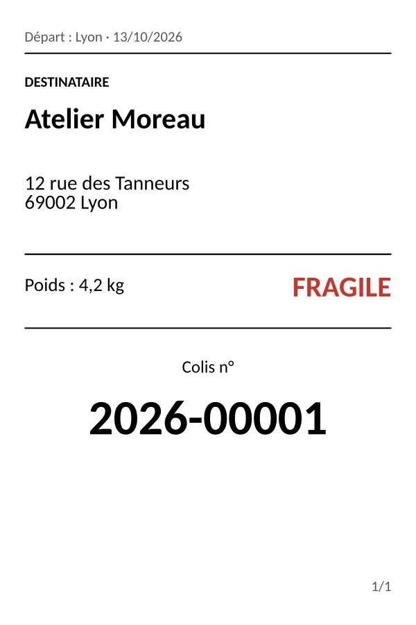 Étiquette colis 4 × 6 po : destinataire, adresse, poids, mention Fragile et numéro de colis.