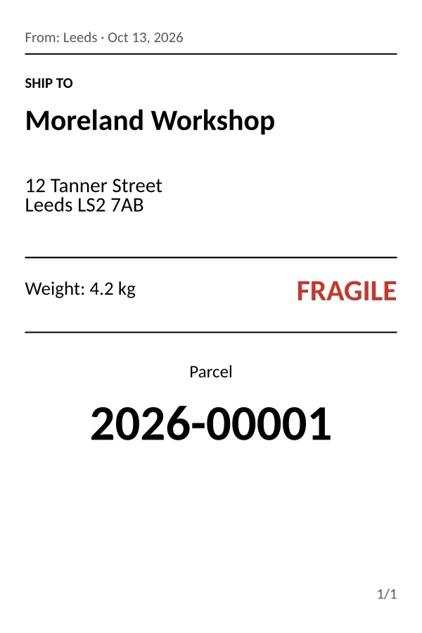 4 × 6 in parcel label: recipient, address, weight, Fragile notice and parcel number.