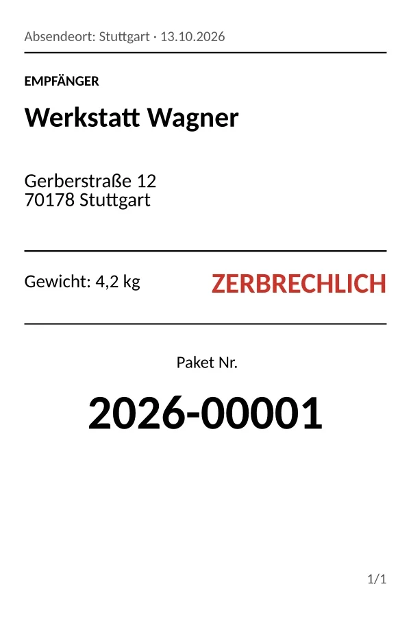 Paketetikett 4 × 6 Zoll: Empfänger, Adresse, Gewicht, Hinweis Zerbrechlich und Paketnummer.