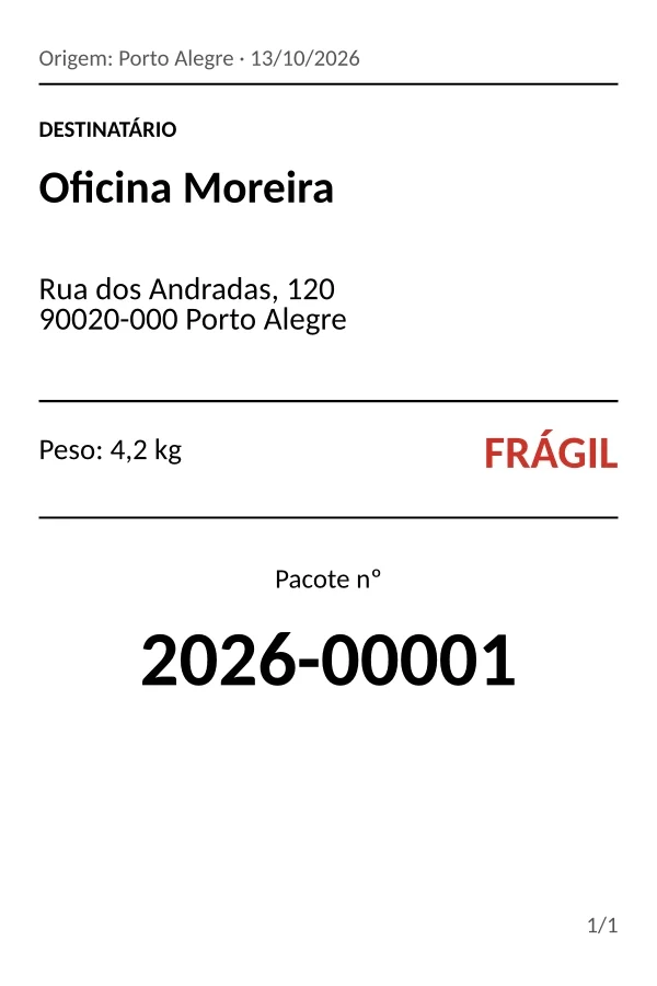 Etiqueta de pacote 4 × 6 pol.: destinatário, endereço, peso, indicação Frágil e número do pacote.